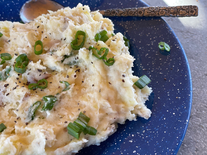 Mashed Potatoes on a blue plate 