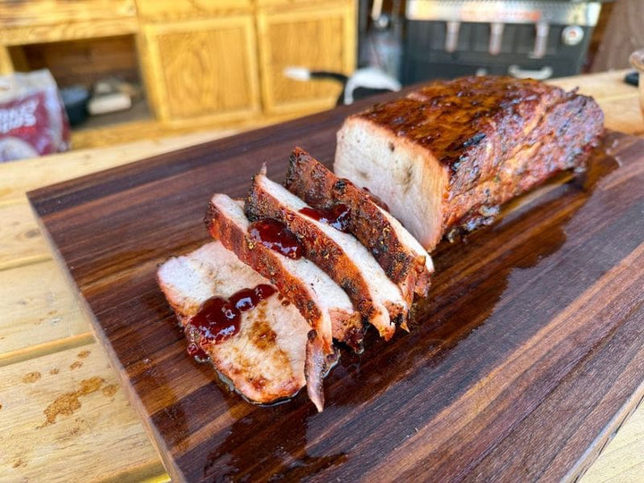 Smoked pork loin with chipotle raspberry sauce